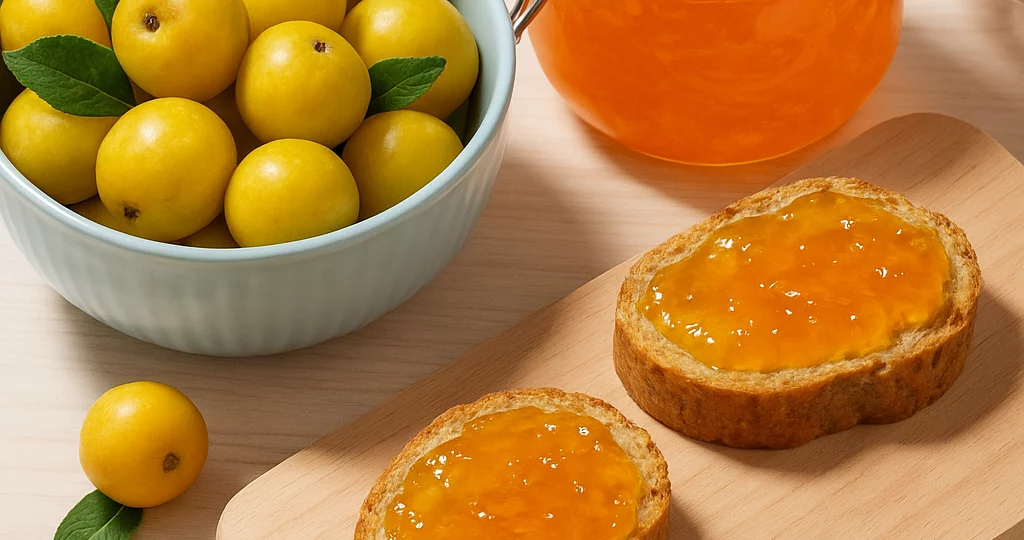 Strauchquitten-Gelee „Cido“ mit frischen gelben Früchten und bestrichenem Brot auf einem Holzbrett – fruchtige Zubereitung aus der Nordischen Zitrone.