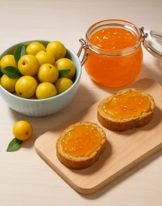 Strauchquitten-Gelee „Cido“ mit frischen gelben Früchten und bestrichenem Brot auf einem Holzbrett – fruchtige Zubereitung aus der Nordischen Zitrone.